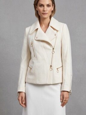 CHLOÉ Off-White Wool Moto Jacket Gold Ring Zippers Archival 2008